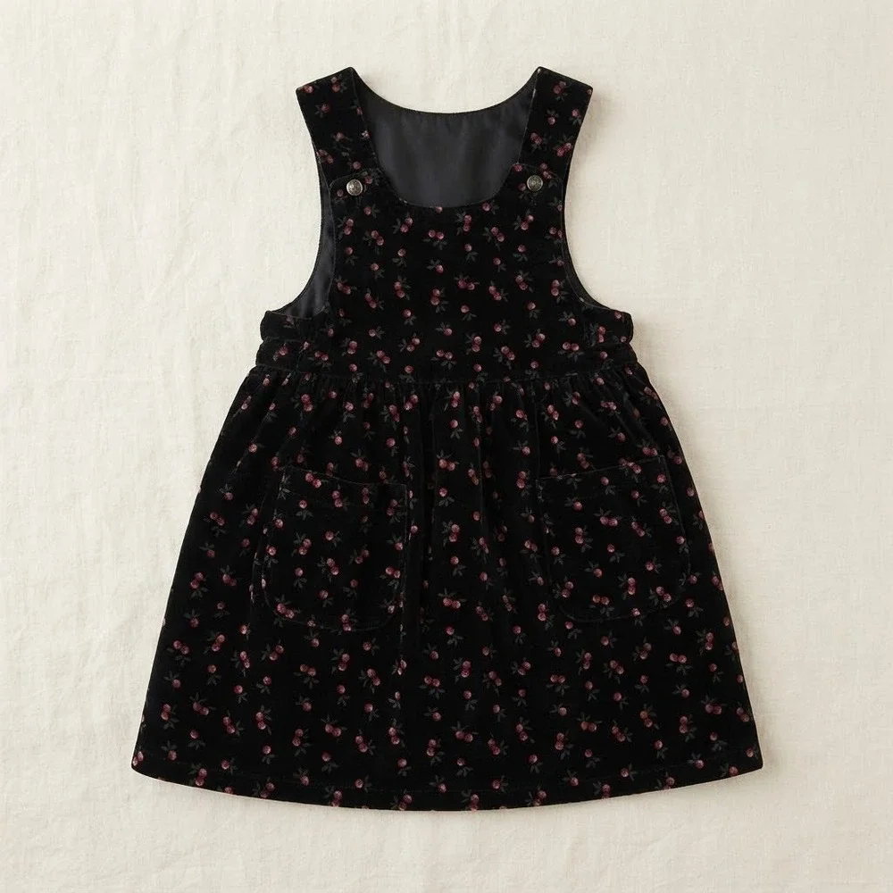 Vintage Cherry Print Cotton Velvet Jumper Dress Black Red Size 4 365W